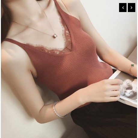 [niceshop1] Áo len nâu 2 dây phối ren