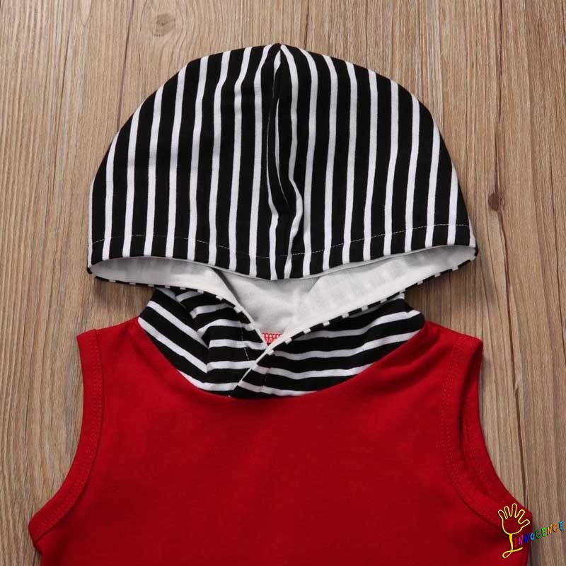 Set áo hoodie không tay + quần đùi họa tiết sọc đáng yêu cho bé trai