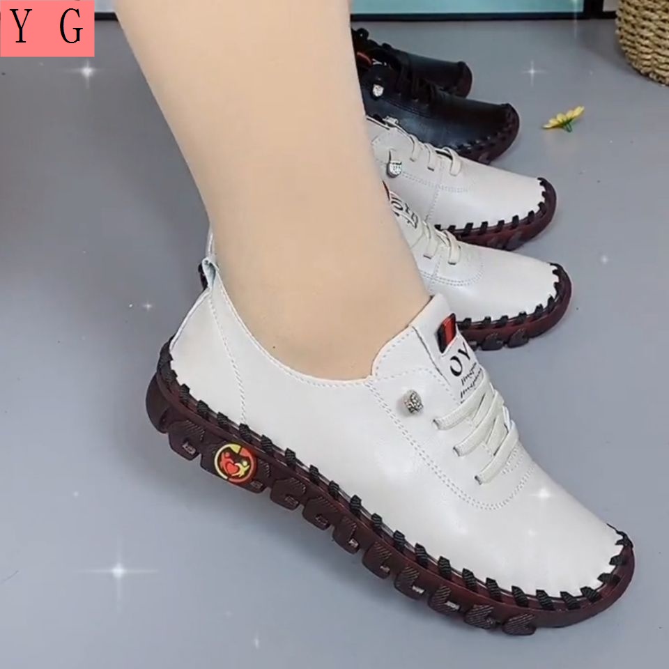 Giày Da Thật Đế Mềm Buộc Dây Bản Rộng Thoải Mái Cho Nữ Trung Niên