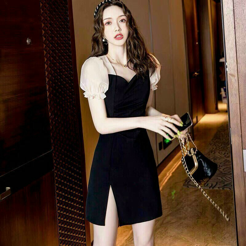 Gunkaymatter Đầm Nữ Dự Tiệc, Đầm Cổ Vuông Ôm Body Xẻ Tà Tay Phối Voan Kiếng Sang Chảnh,Chất Liệu Kate Phối Voan Kiếng