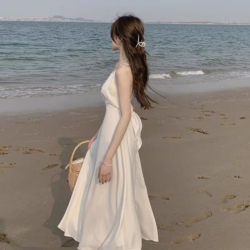 French retro satin sexy super immortal white suspender dress seaside vacation beach long dress summer