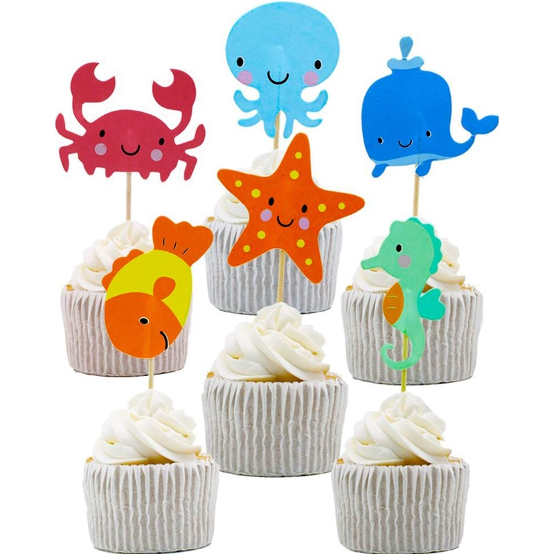 Bộ 24 Phụ Kiện Trang Trí Bánh cupcake Hình Sinh Nhật/Cá Ngựa/Sưa Biển/Cua