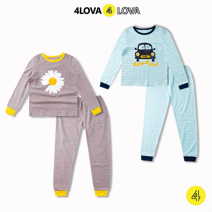 Bộ quần áo dài tay 4LOVA chất thun cotton bo gấu in hình dễ thương thu đông cho bé KID026