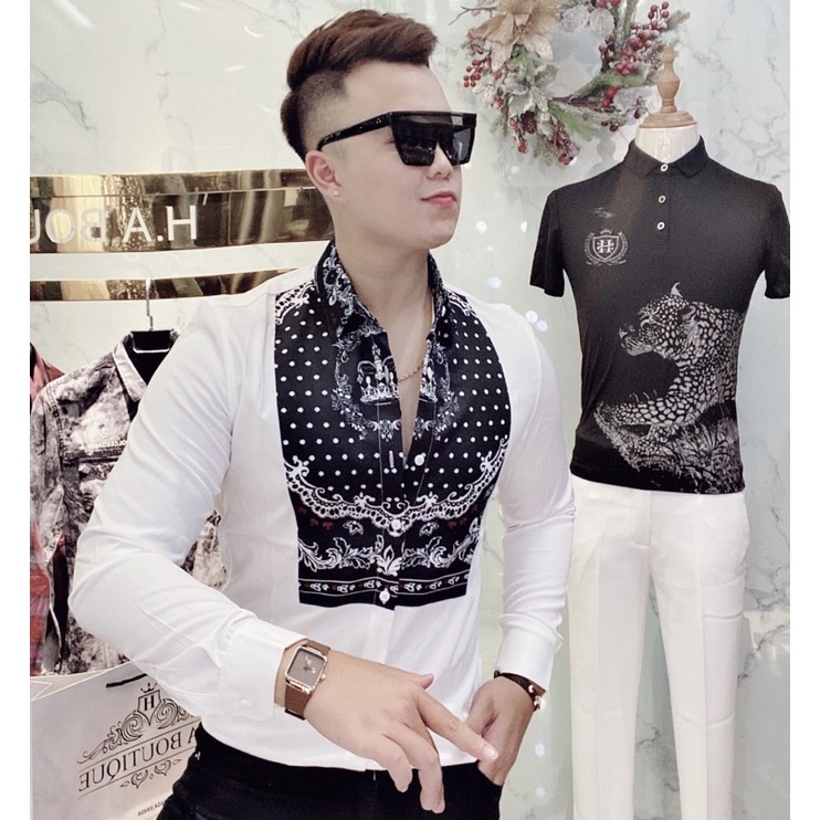 Áo sơ mi đài tay nam, Áo sơ mi hoạ tiết thời trang hàn quốc btshop từ 45 đến 75kg