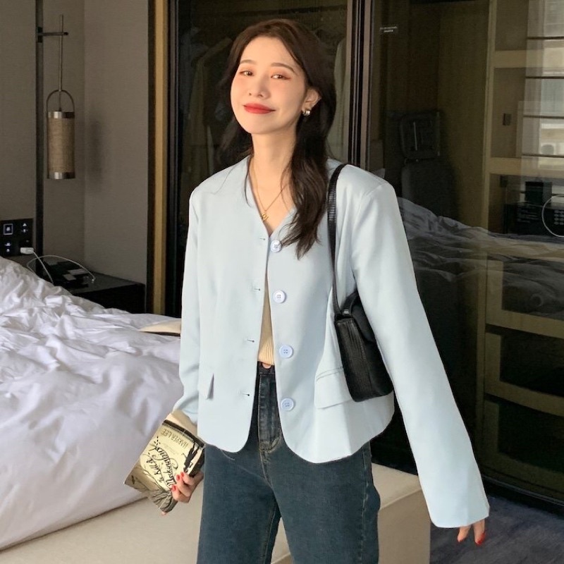 Áo khoác áo blazer dáng ngắn không cổ màu pastel thời trang nữ phong cách Hàn Quốc