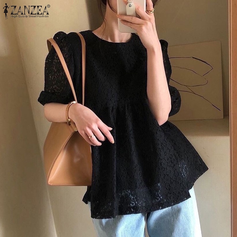 Áo nữ Zanzea tay phồng cổ chữ O phong cách Hàn Quốc thanh lịch