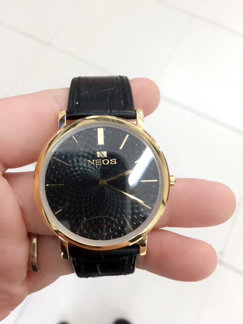 Đồng hồ nam Neos dây da mặt đen hàng siêu mỏng siêu bền
