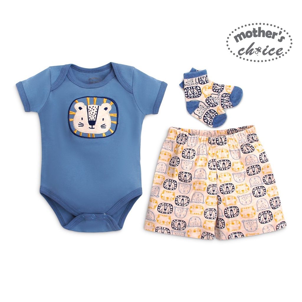 Bộ 3 món cho bé sơ sinh đồ liền thân bodysuit màu xanh, quần và tất họa tiết đáng yêu Mother's Choice IT3627