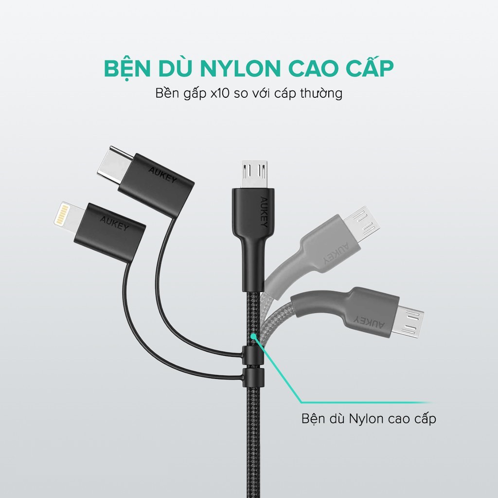 Cáp Sạc Nhanh 3 Trong 1 Aukey CB-BAL5 3 Cổng Lightning chuẩn MFi , Type C, Micro USB, Siêu Bền -  Bảo hành 24 Tháng