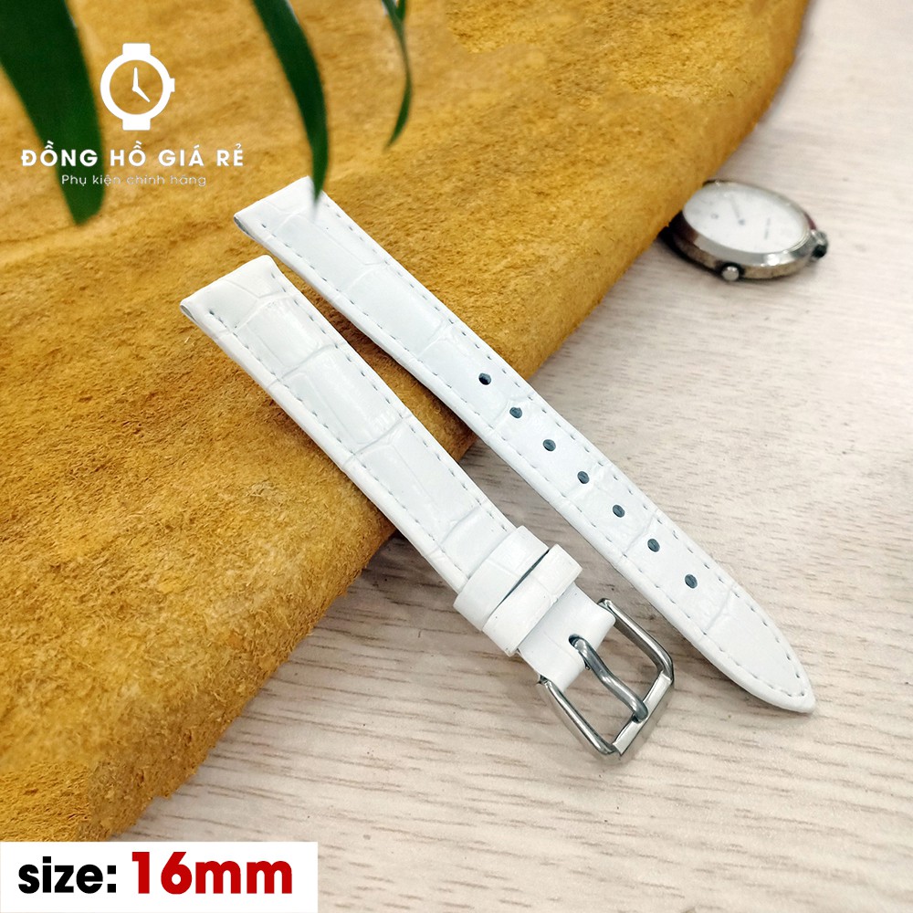 Dây đồng hồ da bò vân cá sấu Aono cỡ 16mm màu TRẮNG cao cấp