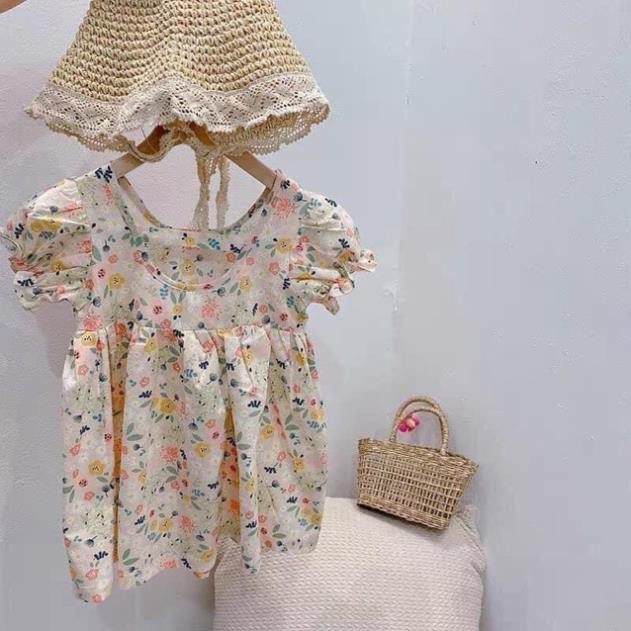 Váy bé gái siêu kute vải mỏng nhẹ mát chất thô đũi in hoa nhí xinh xắn thời trang Banamo Fashion váy hoa bé gái