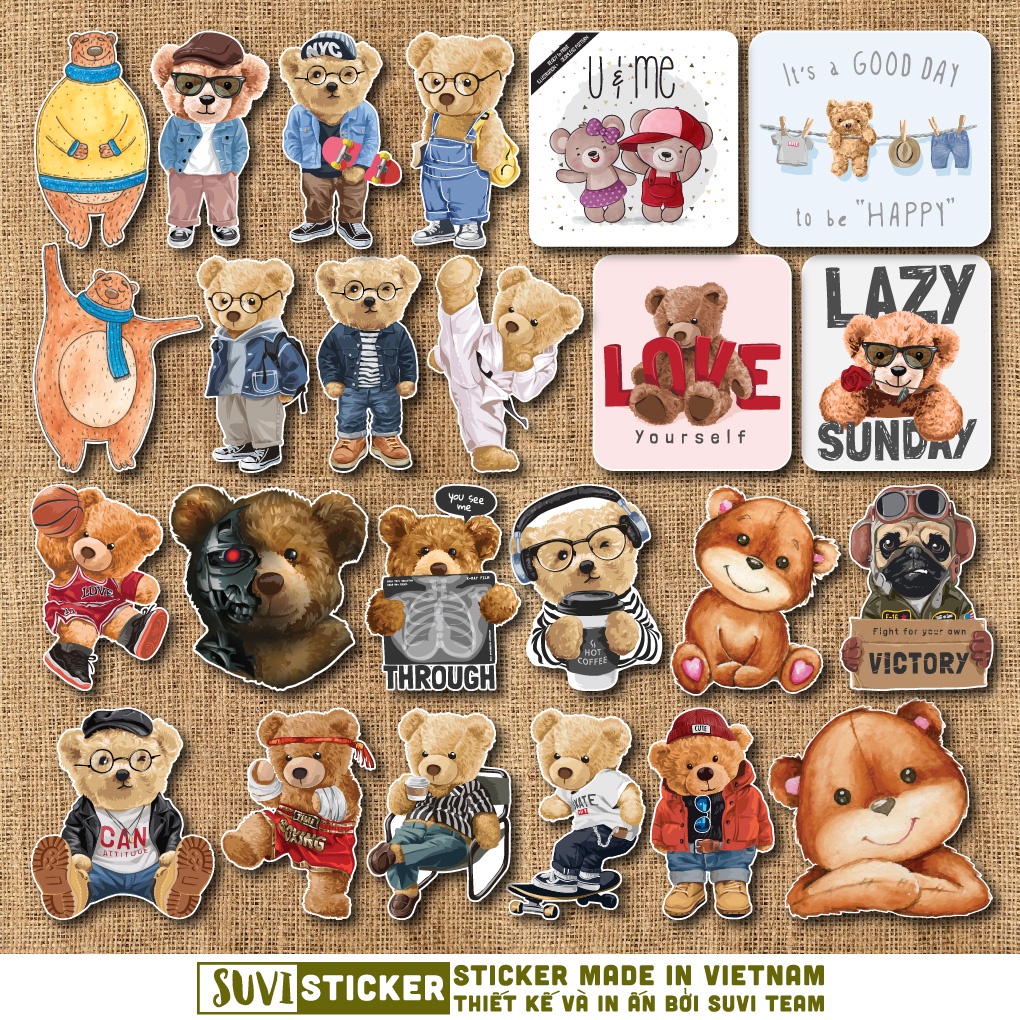 50 Sticker Teddy Bear chống nước sticker dán mũ bảo hiểm, laptop, điện thoại, đàn guitar, vali. MSP: NS10
