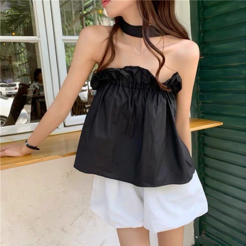 Áo quây ống phối nhún kèm cổ choker mặc được 2 kiểu