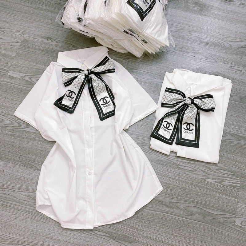 Áo sơ mi nơ CN tay ngắn về Trắng, Đen