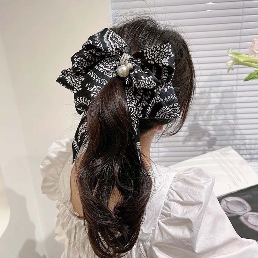 Kẹp tóc nơ họa tiết kẻ sọc đính ngọc trai phong cách thời trang retro hàn quốc dành cho nữ