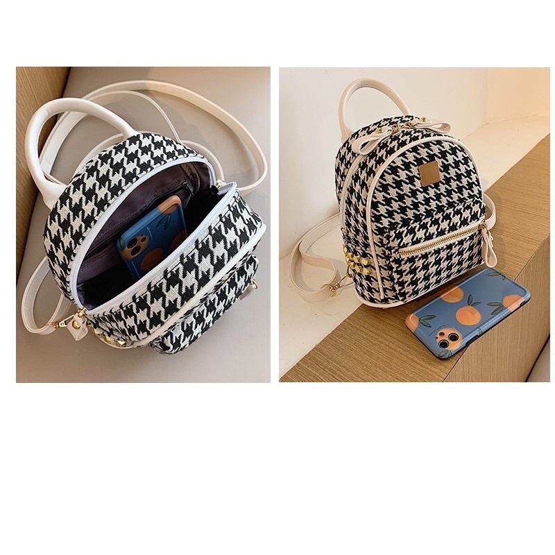 Balo mini thời trang kẻ ô2 màu đen nâu