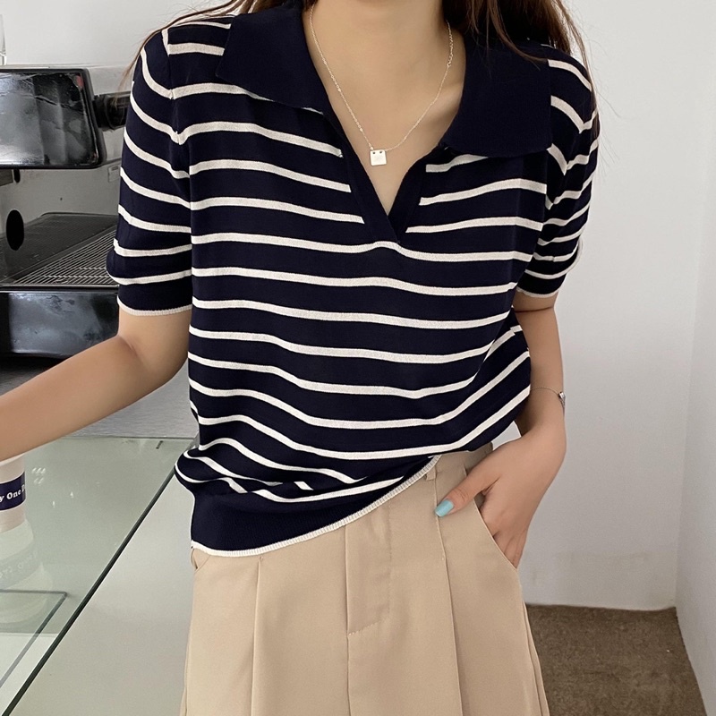 áo polo cổ mở kẻ