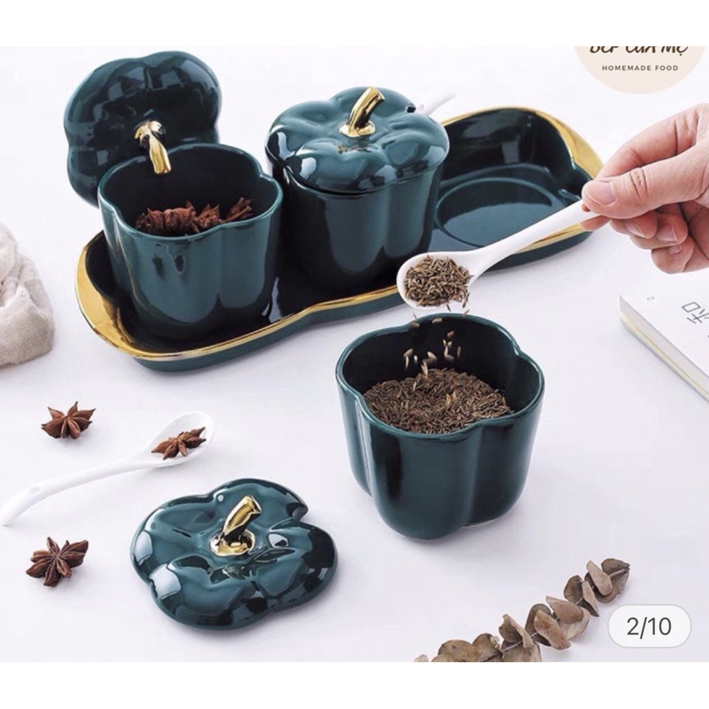 Bộ 3 hũ gia vị bằng sứ hình trái cây viền gold cao cấp