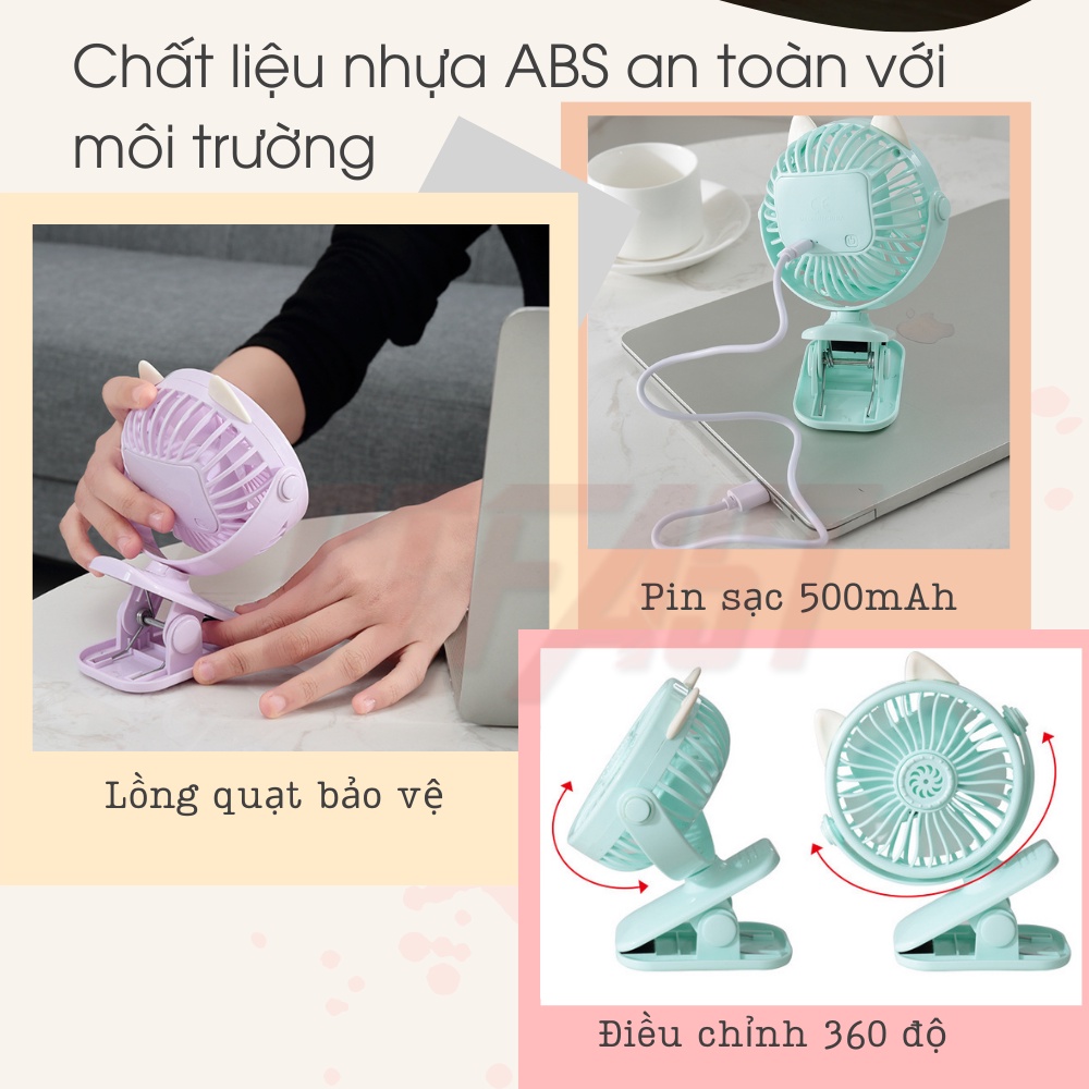 Quạt mini tích điện cầm tay hình mèo CTFAST, thiết kế dạng kẹp, điều chỉnh 360 độ, pin sạc 1200mAh