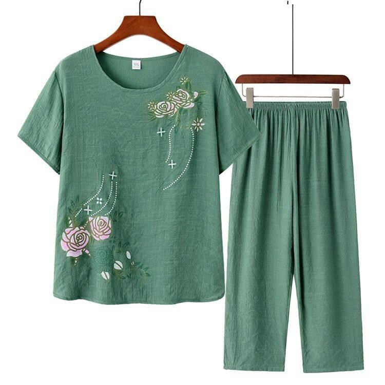 Set quần áo vải lanh cotton mùa hè dành cho phụ nữ trung niên tùy chọn màu sắc