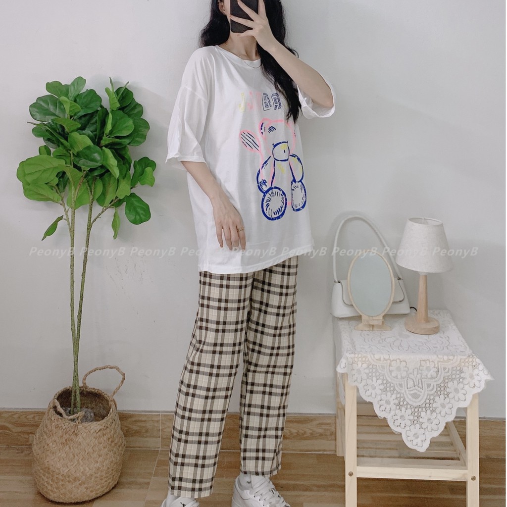 Set Quần Suông Ống Rộng Kẻ Caro Áo Thun TEDDYBEAR - Bộ culottes kèm thun tay lỡ oversizr họa tiết dễ thương