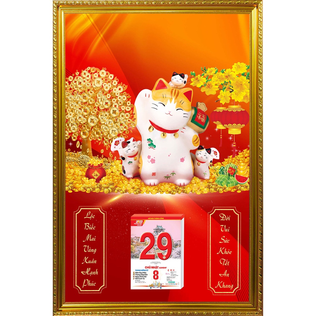 Lịch Gỗ Phù Điêu Khung Vàng Cao Cấp Treo Tường Laminate Tráng Gương 2023 (45 x 65cm) - Mèo Thần Tài