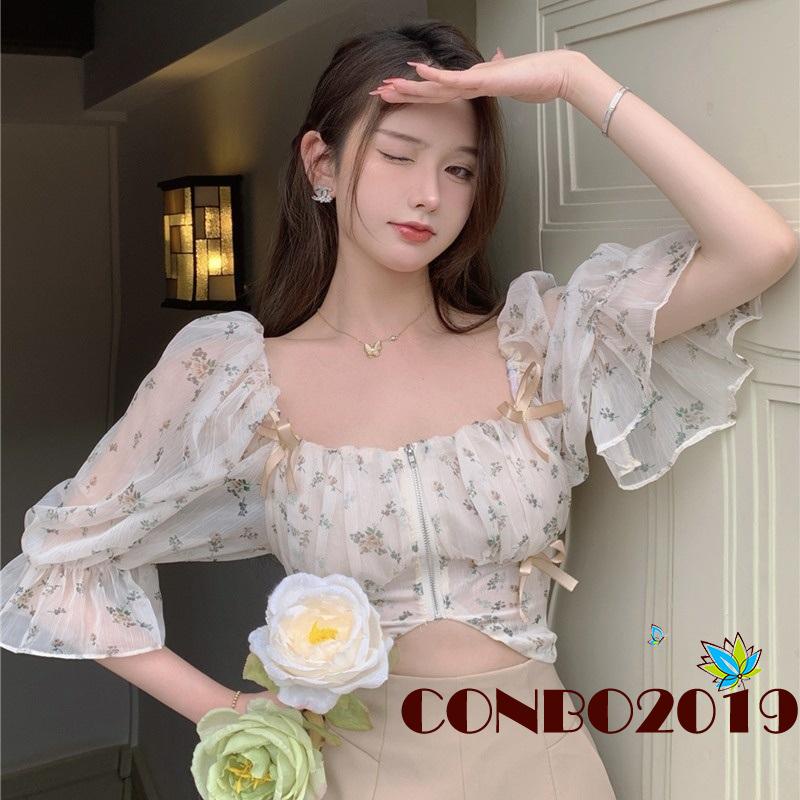 Áo croptop cổ vuông tay phồng in họa tiết hoa phối khóa kéo thời trang xuân hè cho nữ