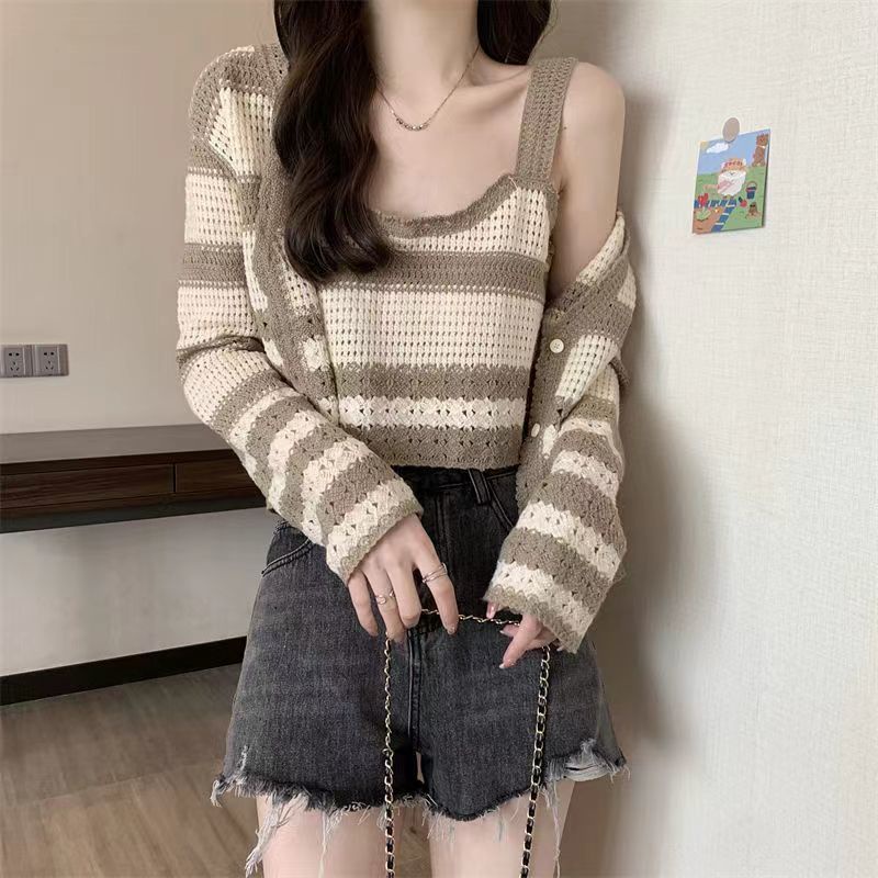 Áo Cardigan Dệt Kim Kẻ Sọc Ngang Màu Trơn Dáng Ngắn Thời Trang Hè Thu Cho Nữ