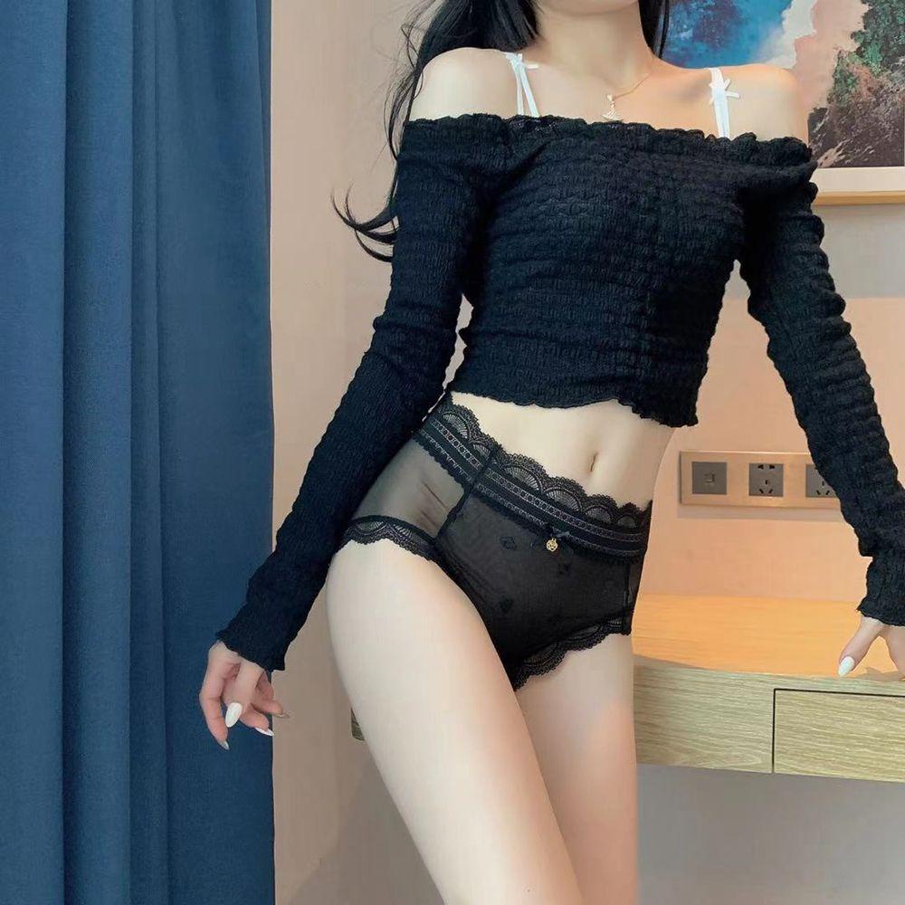Quần Lót Cotton Phối Ren Nhún Bèo In Họa Tiết Trái Đào Quyến Rũ Cho Nữ