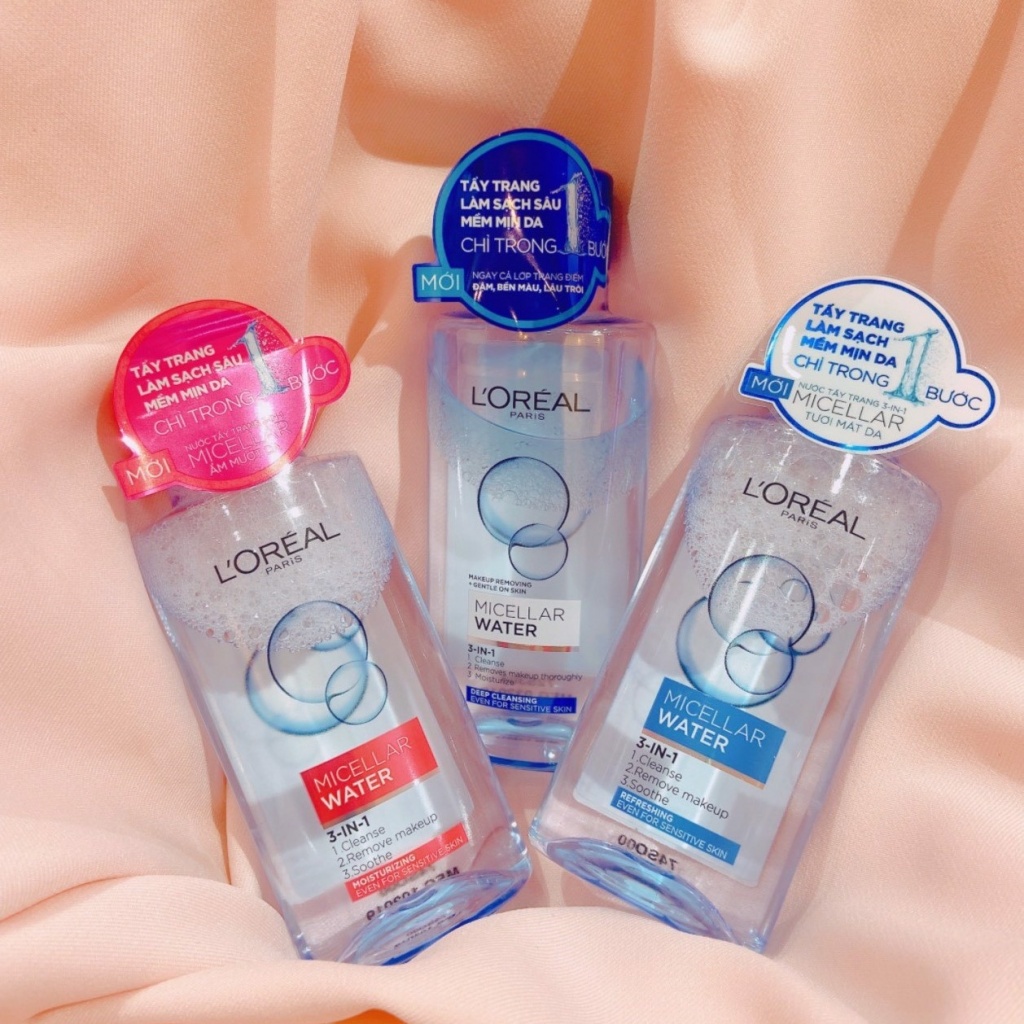 Nước tẩy trang Loreal 3 in 1 Paris Micellar Water 95ml , Toner không cồn cho mọi loại da đặc biệt là da dầu mụn nhạy cảm