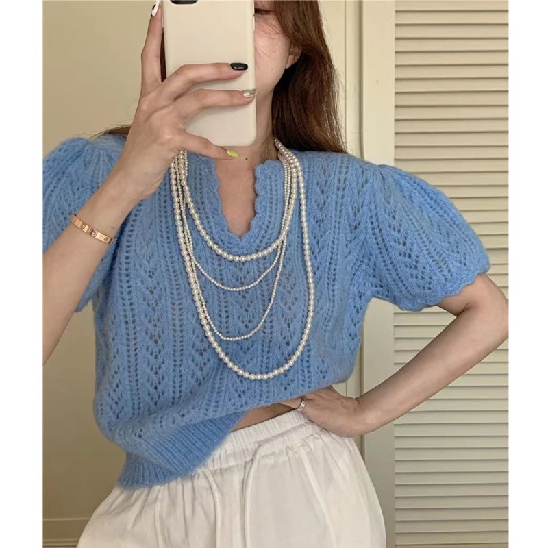 Áo Len Tay Ngắn Cổ Chữ V Thiết Kế Đục Lỗ Thời Trang Cho Nữ