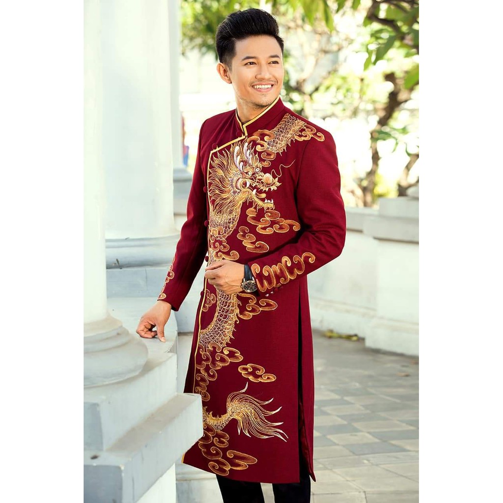 Áo dài nam họa tiết rồng vẽ tay màu đỏ đô sang trọng