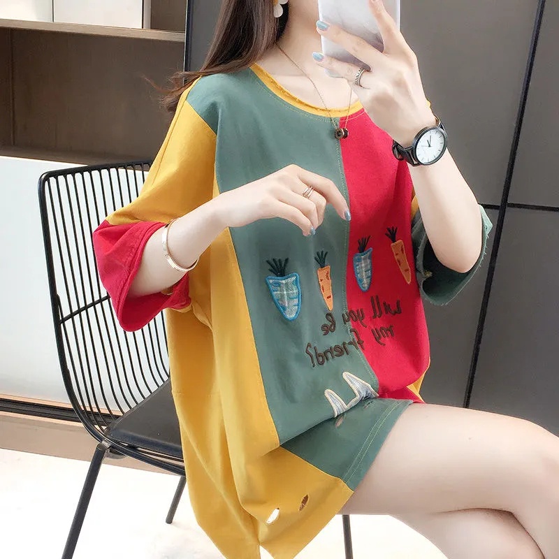 Áo Thun Cotton Nguyên Chất Dáng Rộng Tay Ngắn Cổ Tròn In Họa Tiết Màu Sắc Thời Trang Mùa Hè Phong Cách Hàn Quốc Cho Nữ C8581