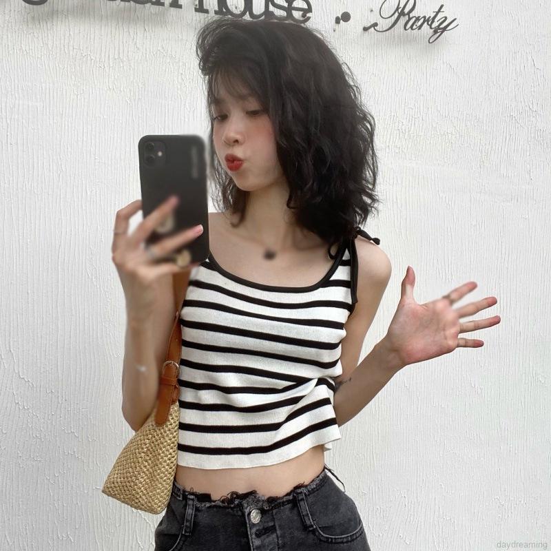 Áo Tank Top Dệt Kim Phối Nơ Hoạ Tiết Kẻ Sọc Thiết Kế Thanh Lịch