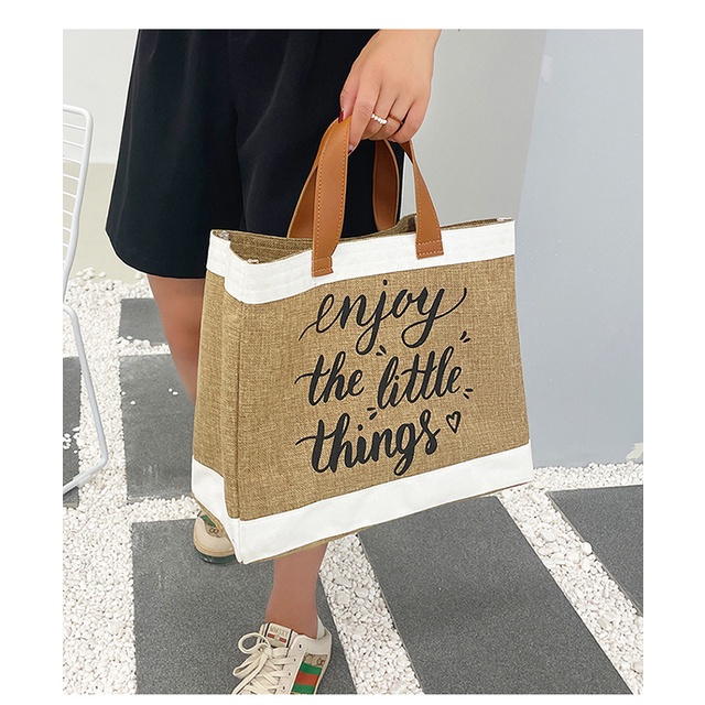 Túi tote cói Merci loại 1 size to Enjoy The Little Things vintage đeo vai chéo đi biển màu nâu trơn iLita