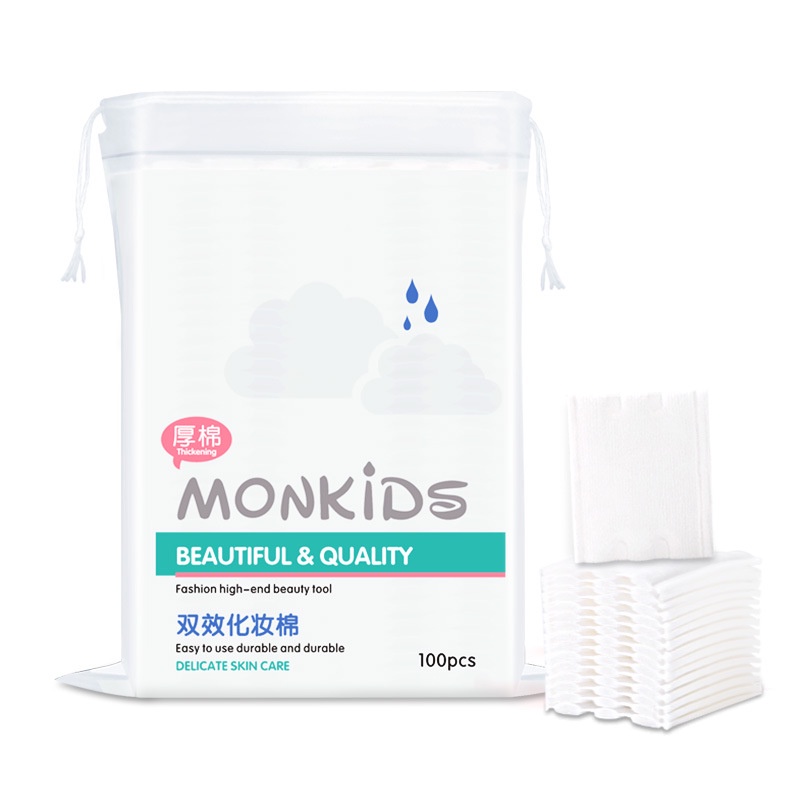 Bông tẩy trang 3 lớp MONKID 100 miếng bông tẩy trang cotton tự nhiên dày mềm mại bám dính chất tẩy trang tốt