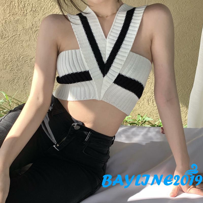 Áo Croptop Dệt Kim Sát Nách Cổ Chữ V Màu Sắc Tương Phản Thời Trang Mùa Hè Cho Nữ