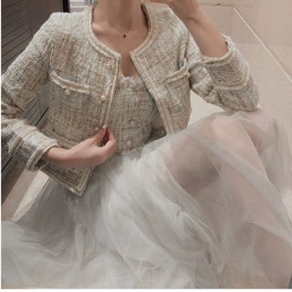 [Order] Set dạ tweed gồm áo khoác + áo 2 dây + chân váy tulle