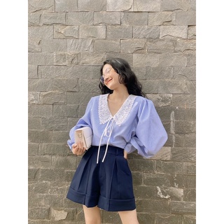 sơmi sọc xanh cổ ren