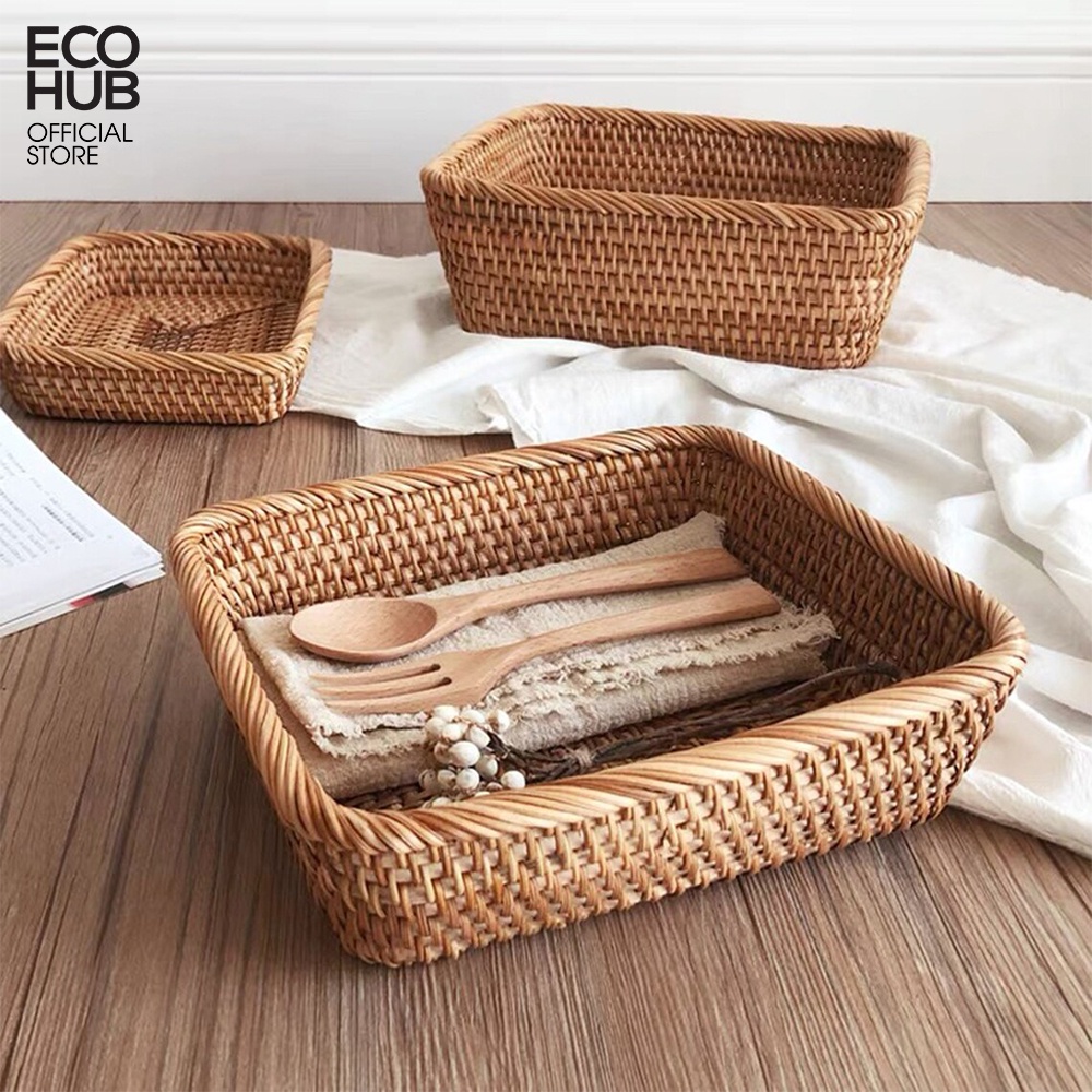 Giỏ mây ECOHUB hình chữ nhật đáy vát đựng hoa quả, bánh kẹo (Rectangular Rattan Basket With Beveled Bottom)