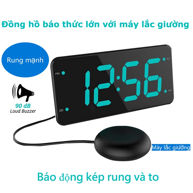 Đồng Hồ Báo Thức Âm Thanh Lớn Với Lắc Giường Rung Cho Người Ngủ Hạng Nặng, Deaf Và Cứng Hearing, Đồng Hồ Báo Thức Kép, Màn Hình 7-Inch, Ánh Sáng Và Pin Dự Phòng