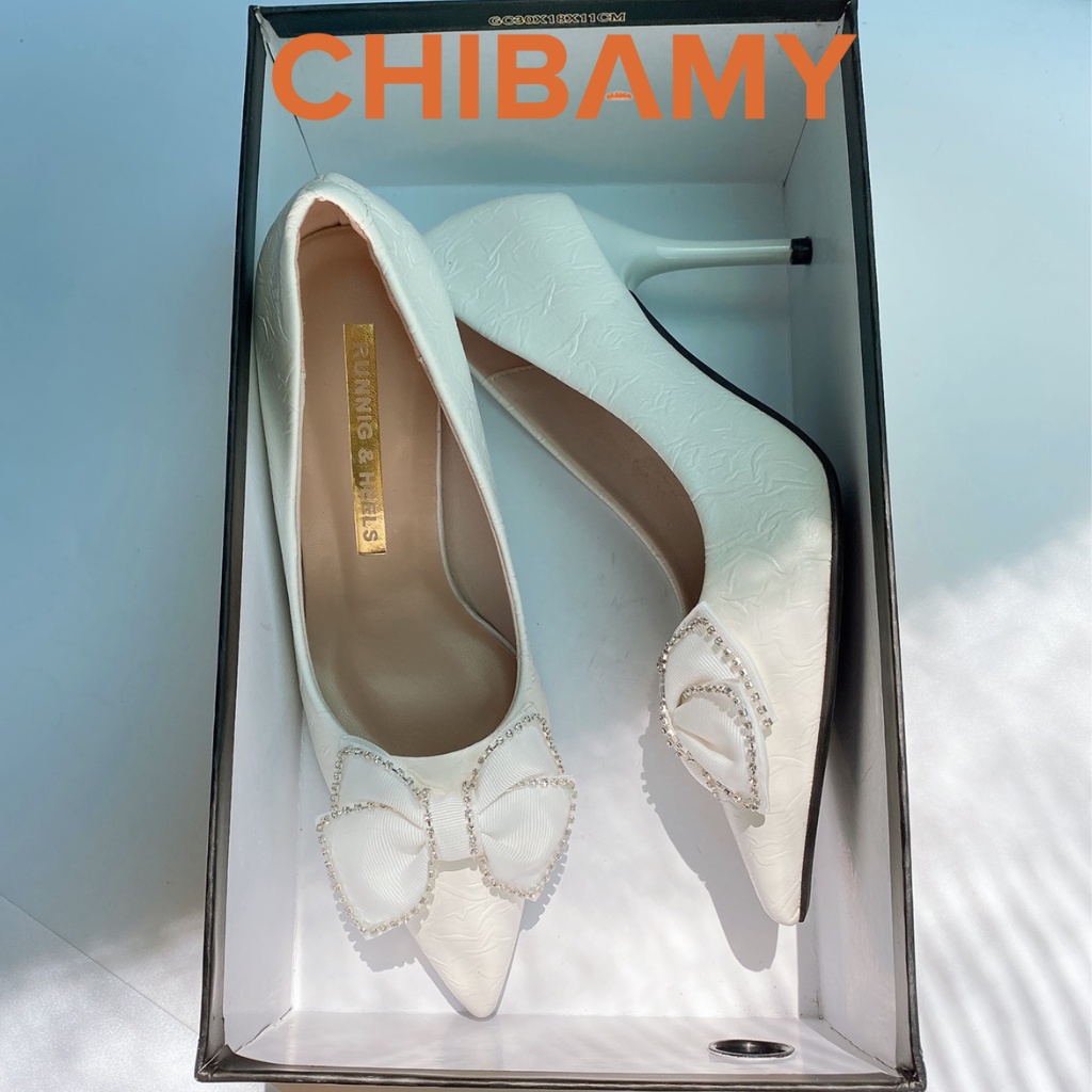 Giày cao gót mũi nhọn nữ đính nơ da nhăn CHIBAMY mã CG04, Giày gót nhọn 8cm đi tiệc, giày cưới cô dâu