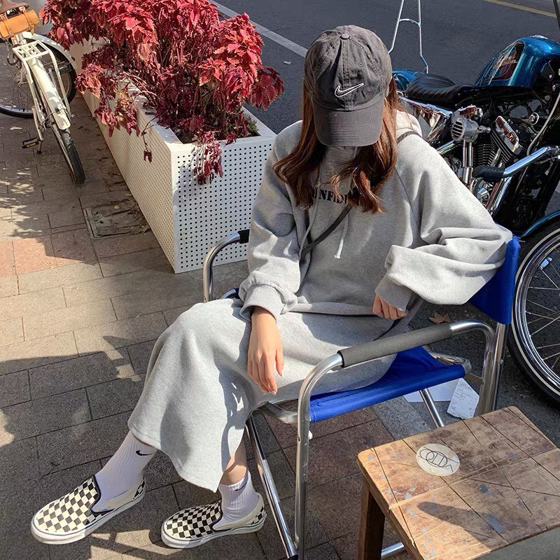 váy nỉ mũ dáng suông màu đen-xám siêu xinh kiểu hoodie nha | BigBuy360 - bigbuy360.vn