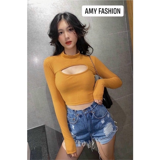 áo croptop thun gân tay dài khoét xẻ sexy new vkv