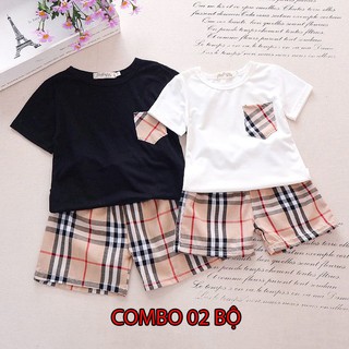 Combo 02 Bộ Quần Áo Bé Trai Ngắn Tay Cổ Tròn Phối Túi Ngực In Họa Tiết Burberry Thời Trang Ankids1416 2SET B1002