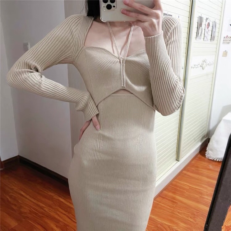 Váy len body đầm ôm sát có dây buộc cổ sexy quyến rũ hot tiktok