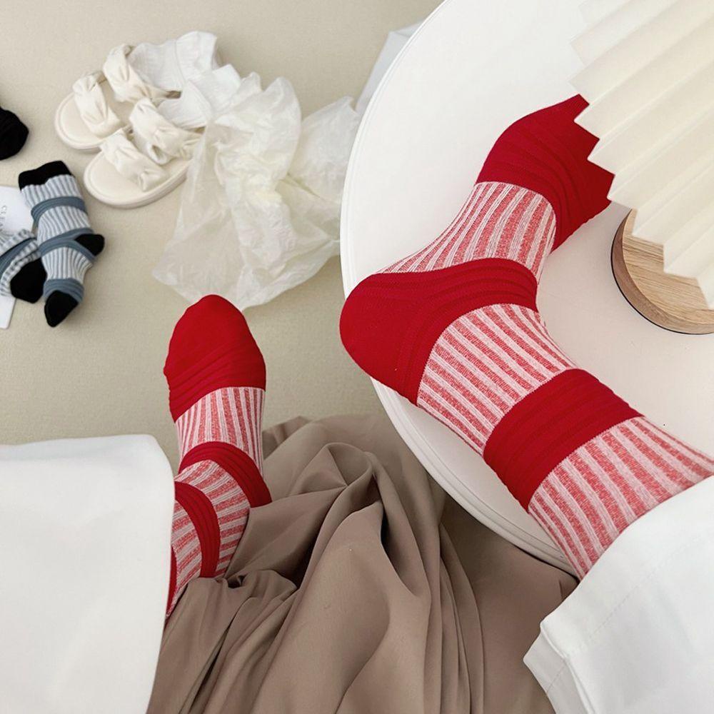 SOMEDAYZL Đôi Vớ Chân Cotton Thoáng Khí Họa Tiết Sọc Ngang Phong Cách Harajuku Dành Cho Nữ