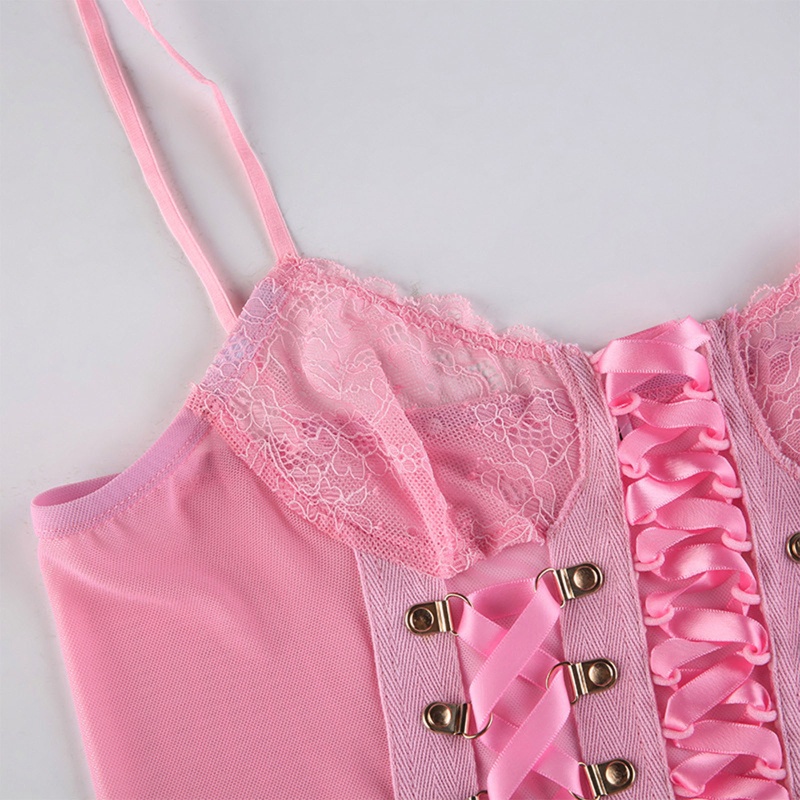 Áo Croptop Sát Nách Phối Ren Lưới Màu Hồng Thiết Kế Quyến Rũ Cho Nữ