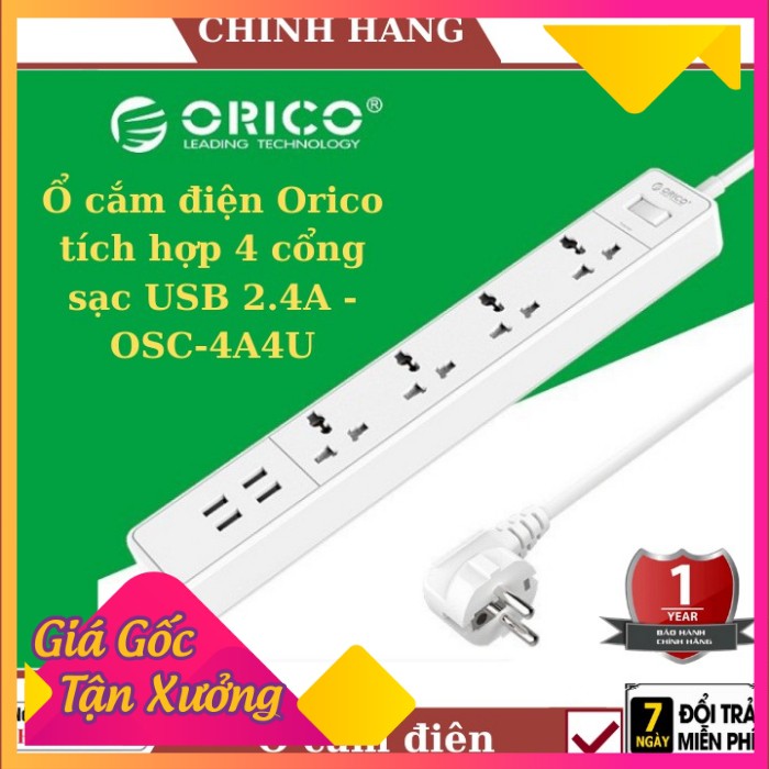 Ổ cắm điện Orico chống sốc, 3200w, Kèm 4 cổng sạc USB 2,4A - OSC-4A4