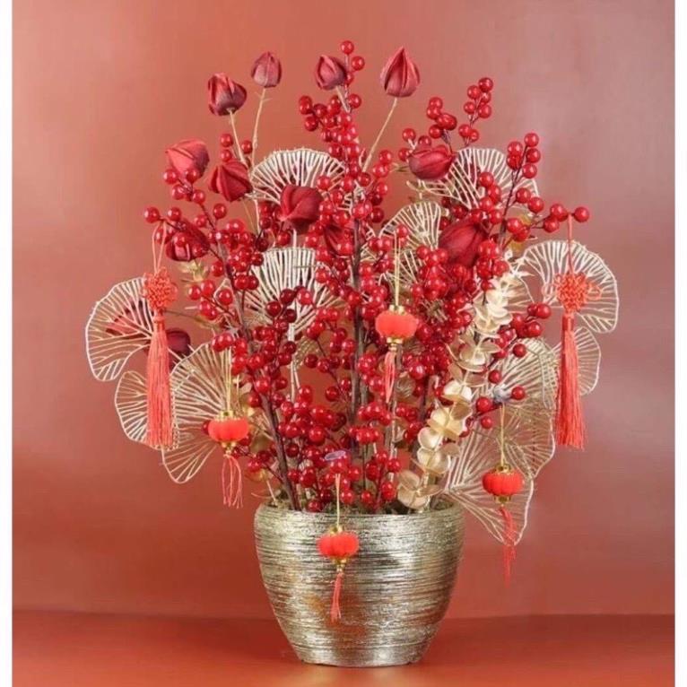 Hoa giả, cành đào đông đỏ cherry nổi bật trang trí nhà cửa, công ty sang trọng - Hàng đẹp